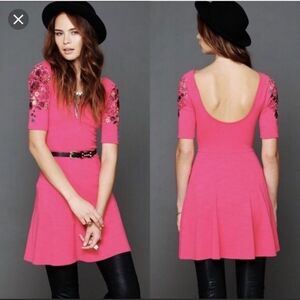Free People Pink Colorful Embroidered Short Sleeve Scoop Back Mini Dress